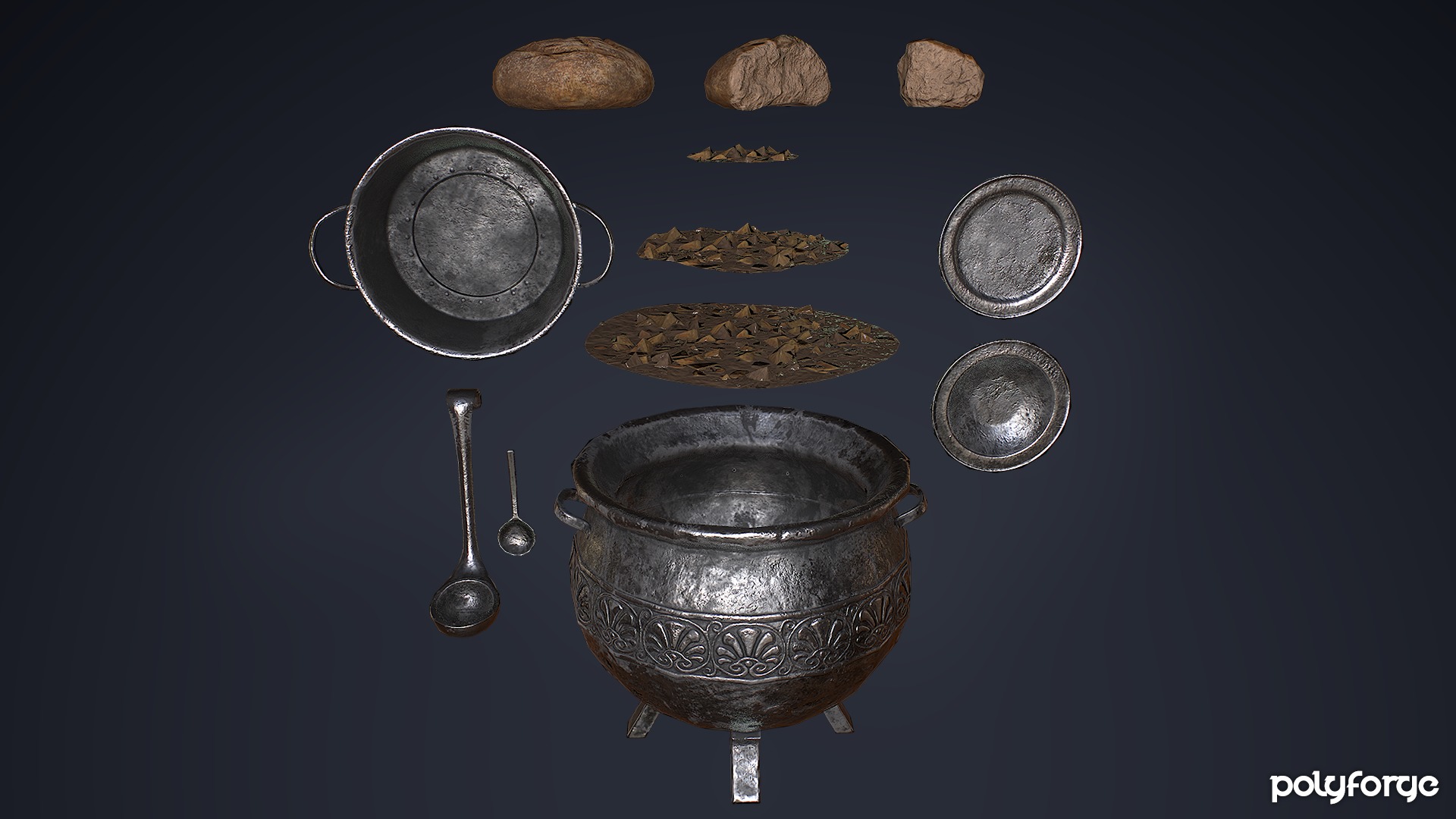 Medieval Cooking Set - Stew Pot Cauldron Bowl Plate Ladle Bread Low-poly 3D model_2