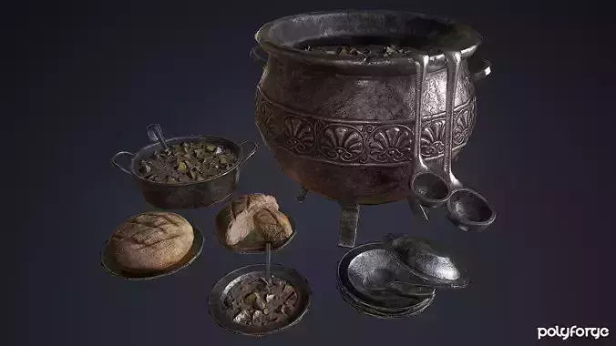 Medieval Cooking Set - Stew Pot Cauldron Bowl Plate Ladle Bread