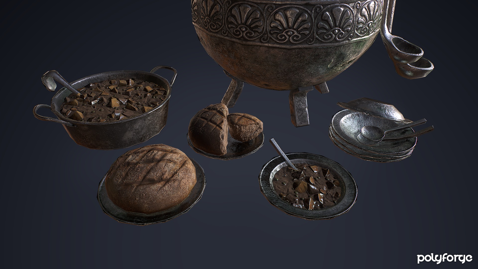 Medieval Cooking Set - Stew Pot Cauldron Bowl Plate Ladle Bread Low-poly 3D model_1
