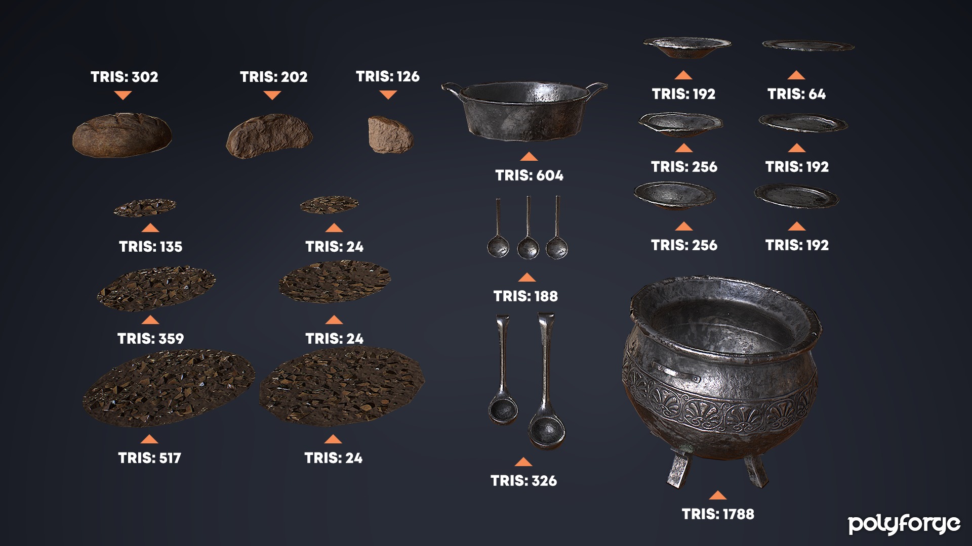 Medieval Cooking Set - Stew Pot Cauldron Bowl Plate Ladle Bread Low-poly 3D model_3