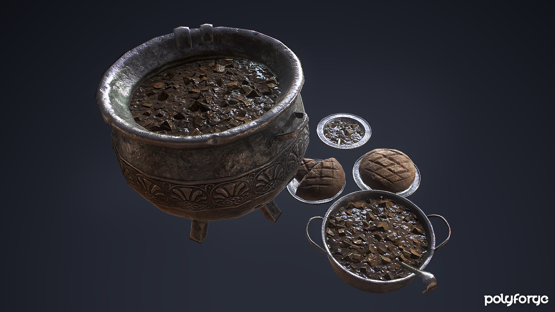 Medieval Cooking Set - Stew Pot Cauldron Bowl Plate Ladle Bread Low-poly 3D model_4