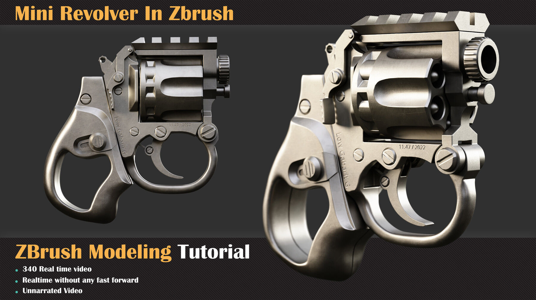 Mini Revolver Hardsurface ZBrush Modeling Tutorial 3D model_4