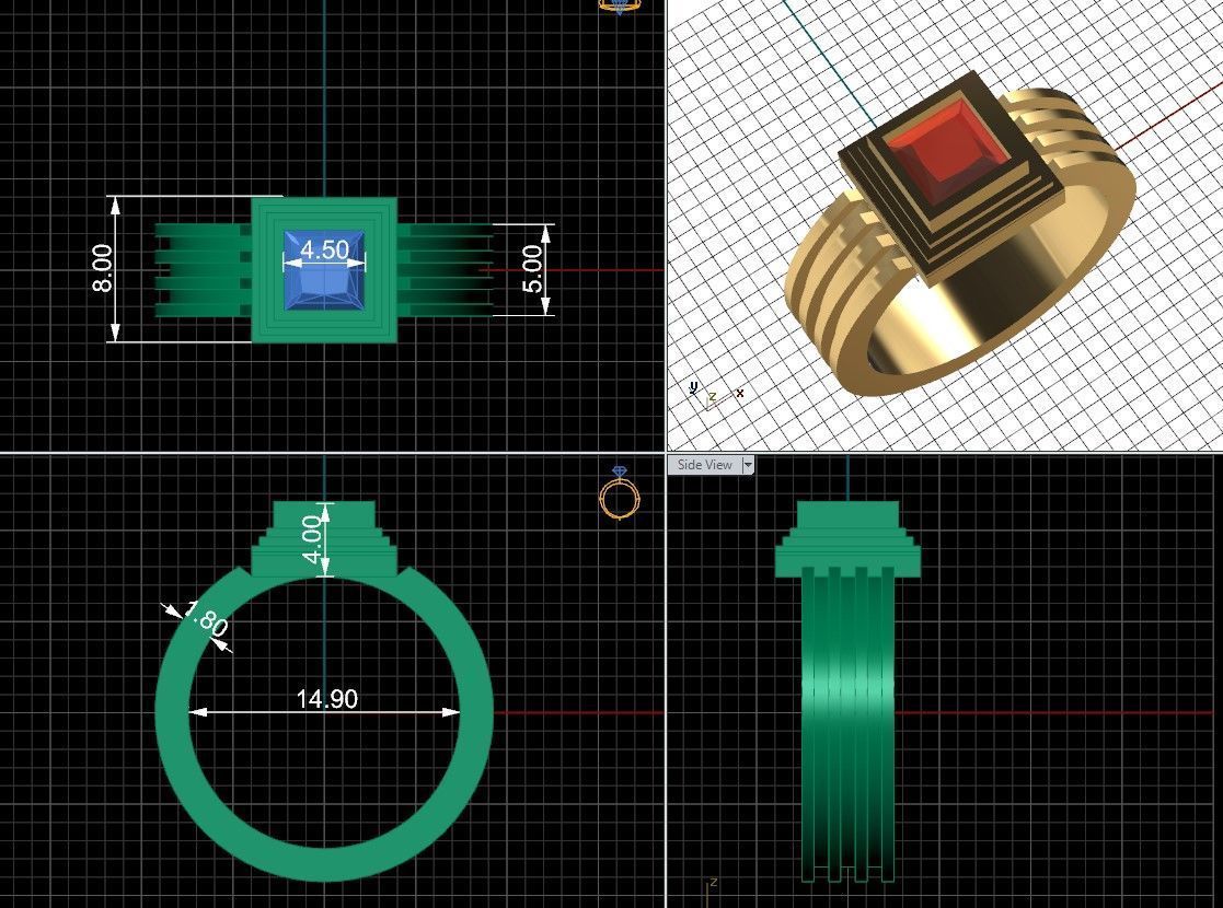 Two varians of ring with square gem 3D print model_12