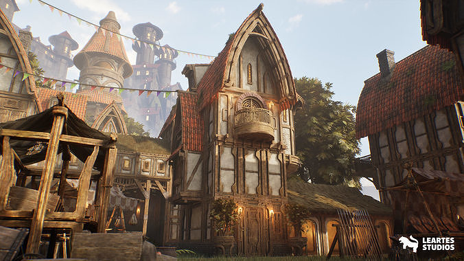 Medieval Market Environment Low-poly 3D model 3