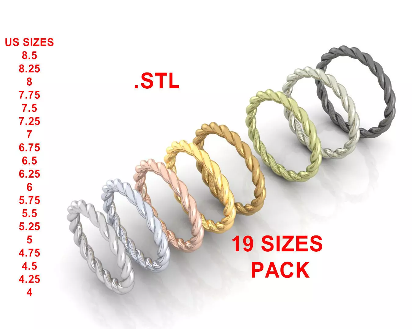 Ladies Rope Ring 19 SIZES PACK 3D print model_0