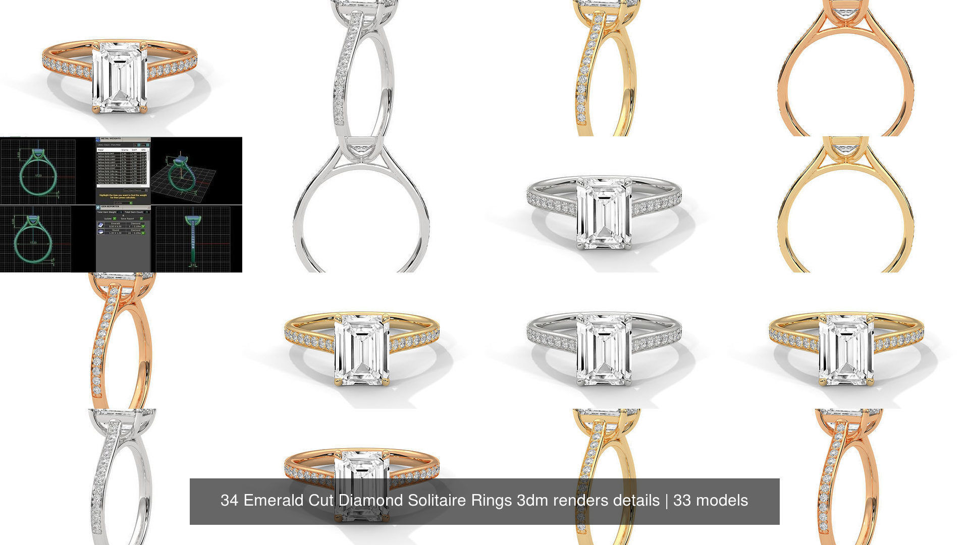 34 Emerald Cut Diamond Solitaire Rings 3dm renders details 3D Model Collection_4