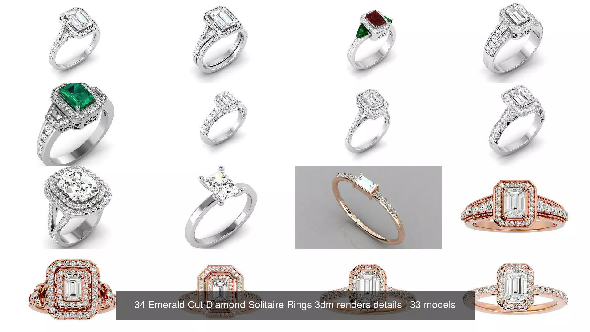 34 Emerald Cut Diamond Solitaire Rings 3dm renders details 3D Model Collection_0