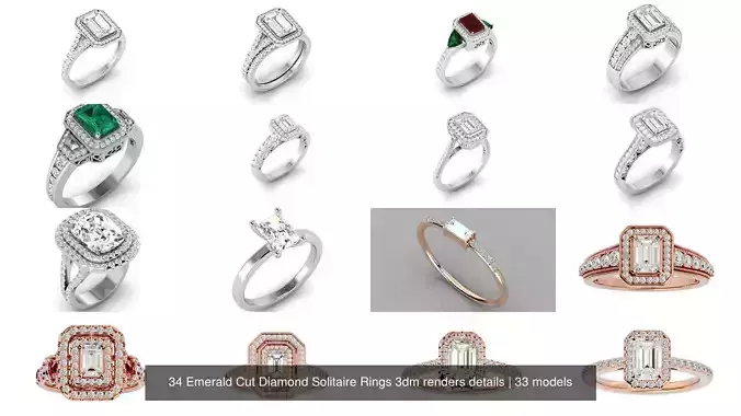 34 Emerald Cut Diamond Solitaire Rings 3dm renders details 3D Model Collection