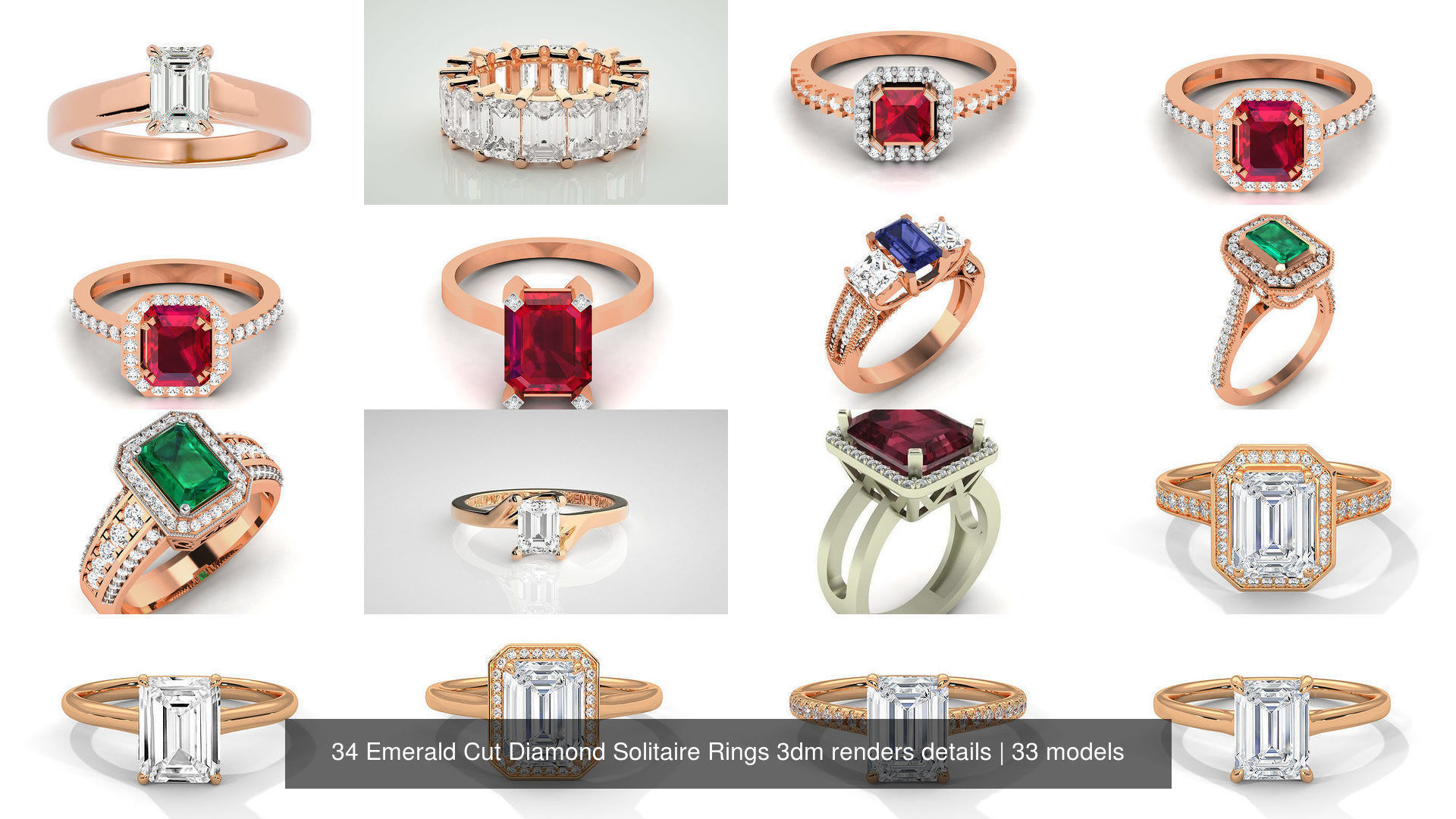 34 Emerald Cut Diamond Solitaire Rings 3dm renders details 3D Model Collection_3