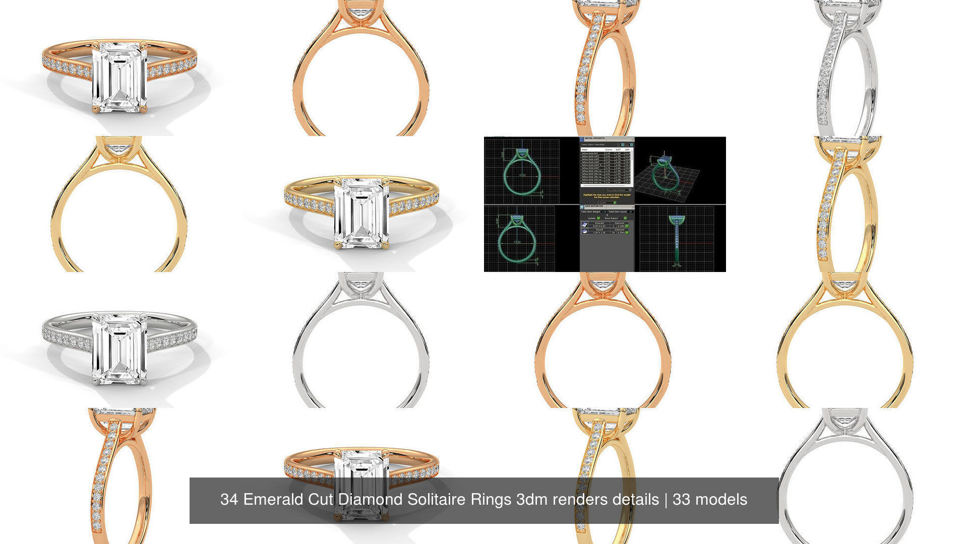 34 Emerald Cut Diamond Solitaire Rings 3dm renders details 3D Model Collection_5