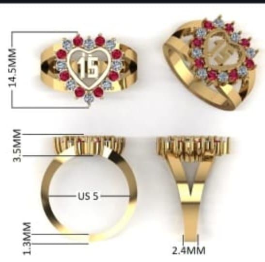 Quinceanera heart Ring with 2mm stones 3D model_1