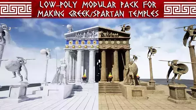 Modular Greek-Spartan Temple game ready Low-poly 3D model