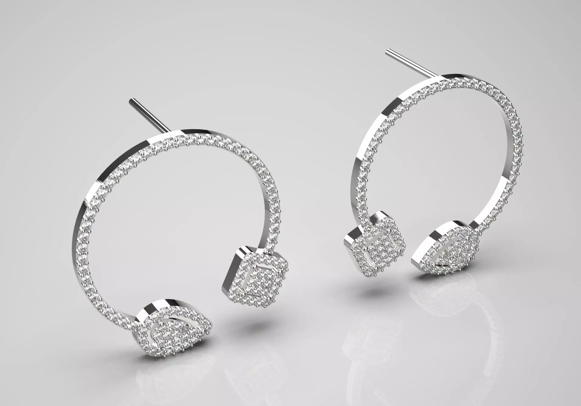 Diamond hoop earrings square pendant and teardrop shape je0033 3D print model