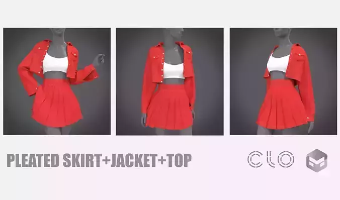 Full Outfit  Pleated Skirt Jacket Top 3D Model 