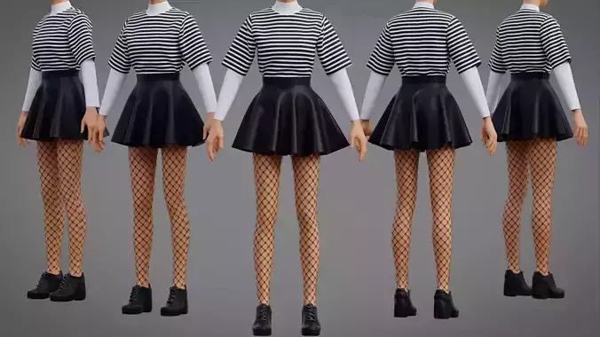 Stripes Shirt Leather Skirt and Tights Grunge-Y2K Fishnet Outfit 3D model