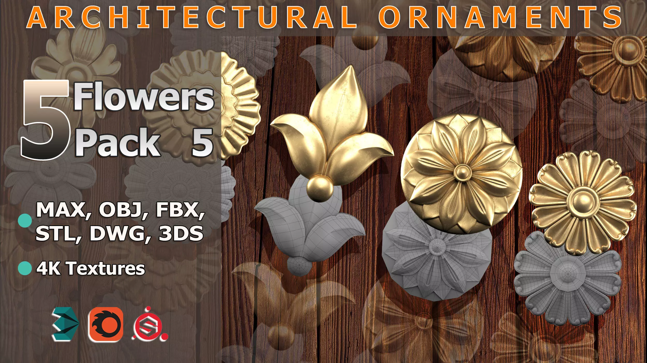 5 Flowers Ornamental Pack 5 3D model_0