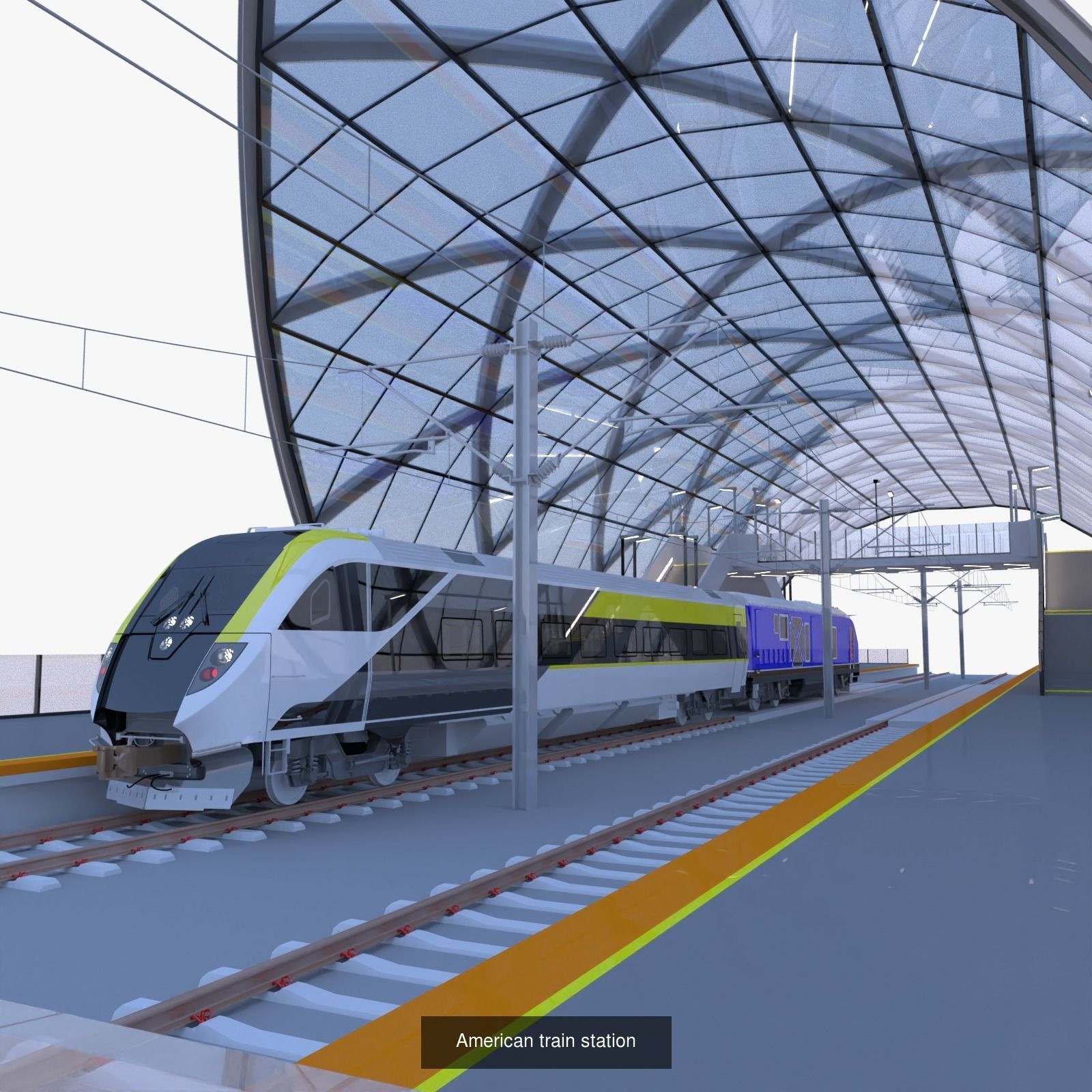 Bridge and station with american train 3D Model Collection_2