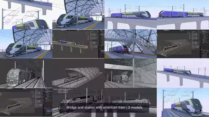 Bridge and station with american train