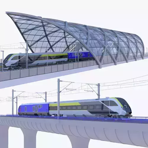 Bridge and station with american train 3D Model Collection