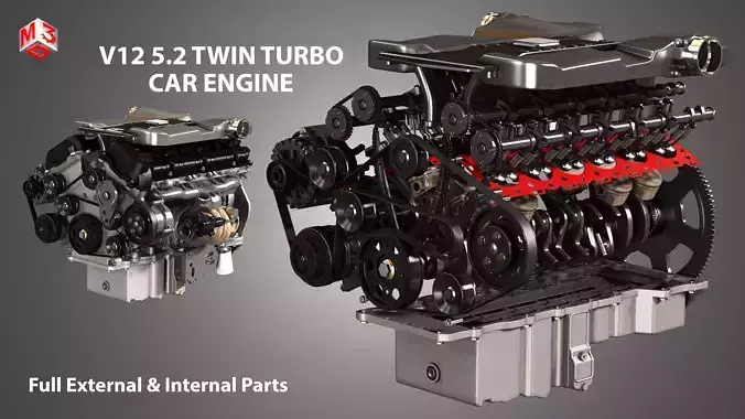 V12 Twin Turbo Car - Engine Full Internal and External Parts 3D model