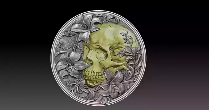 skull in flowers bass relief 3D print model