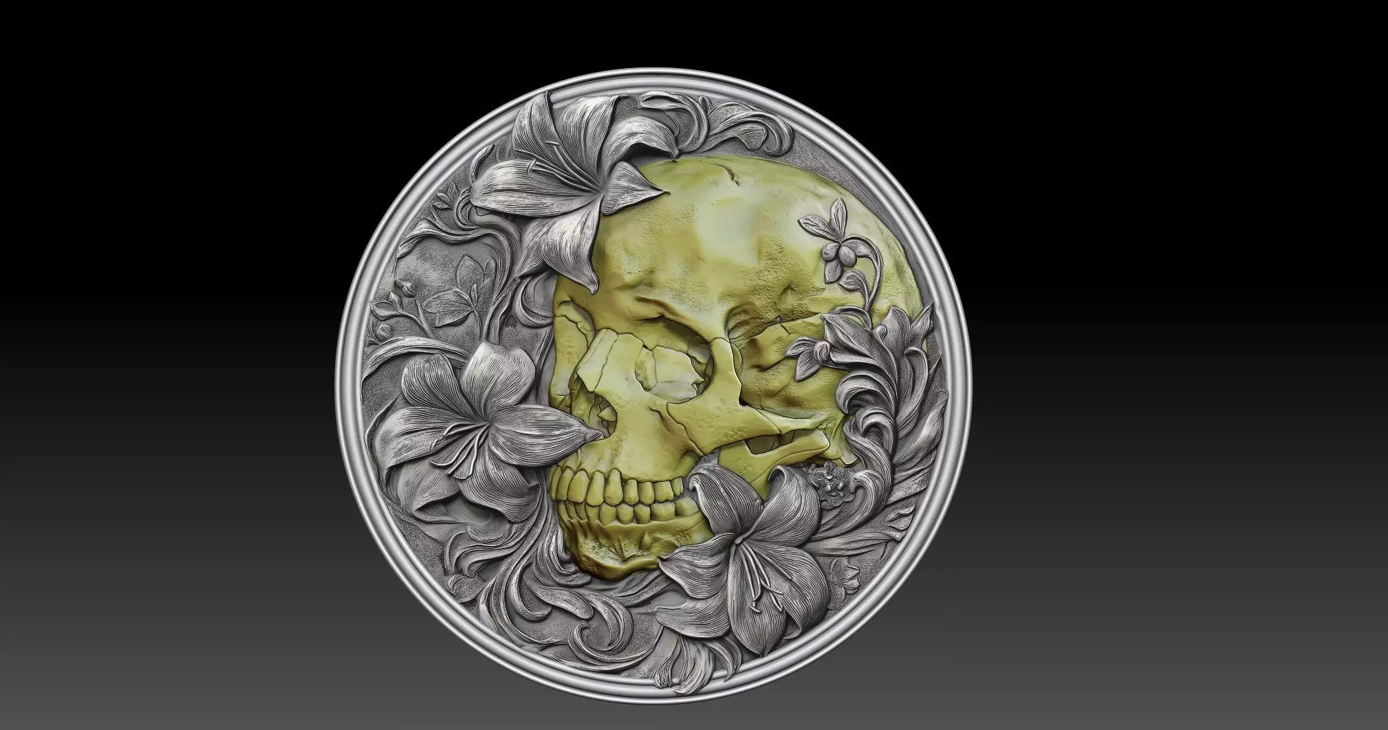 skull in flowers bass relief 3D print model_0