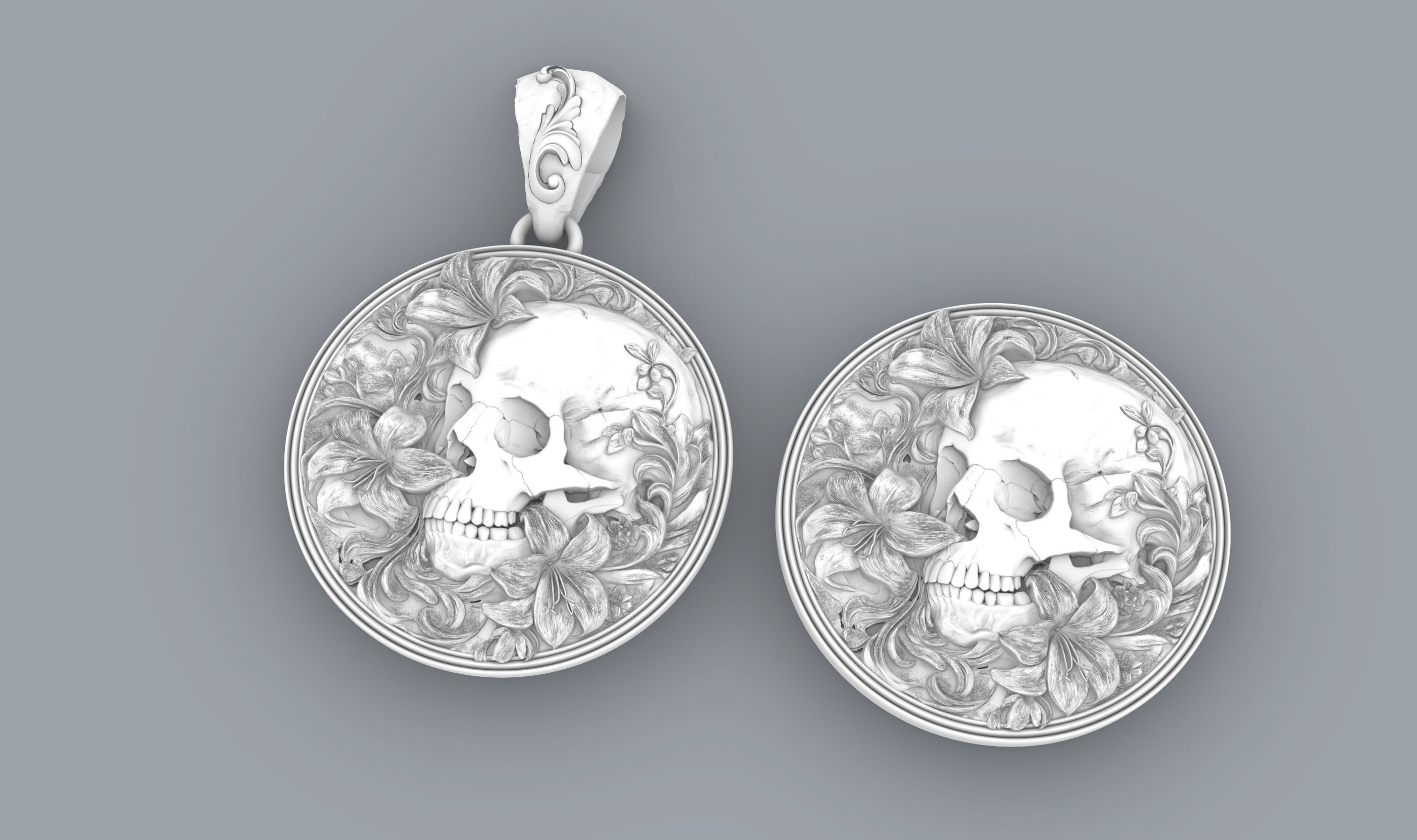 skull in flowers bass relief 3D print model_4