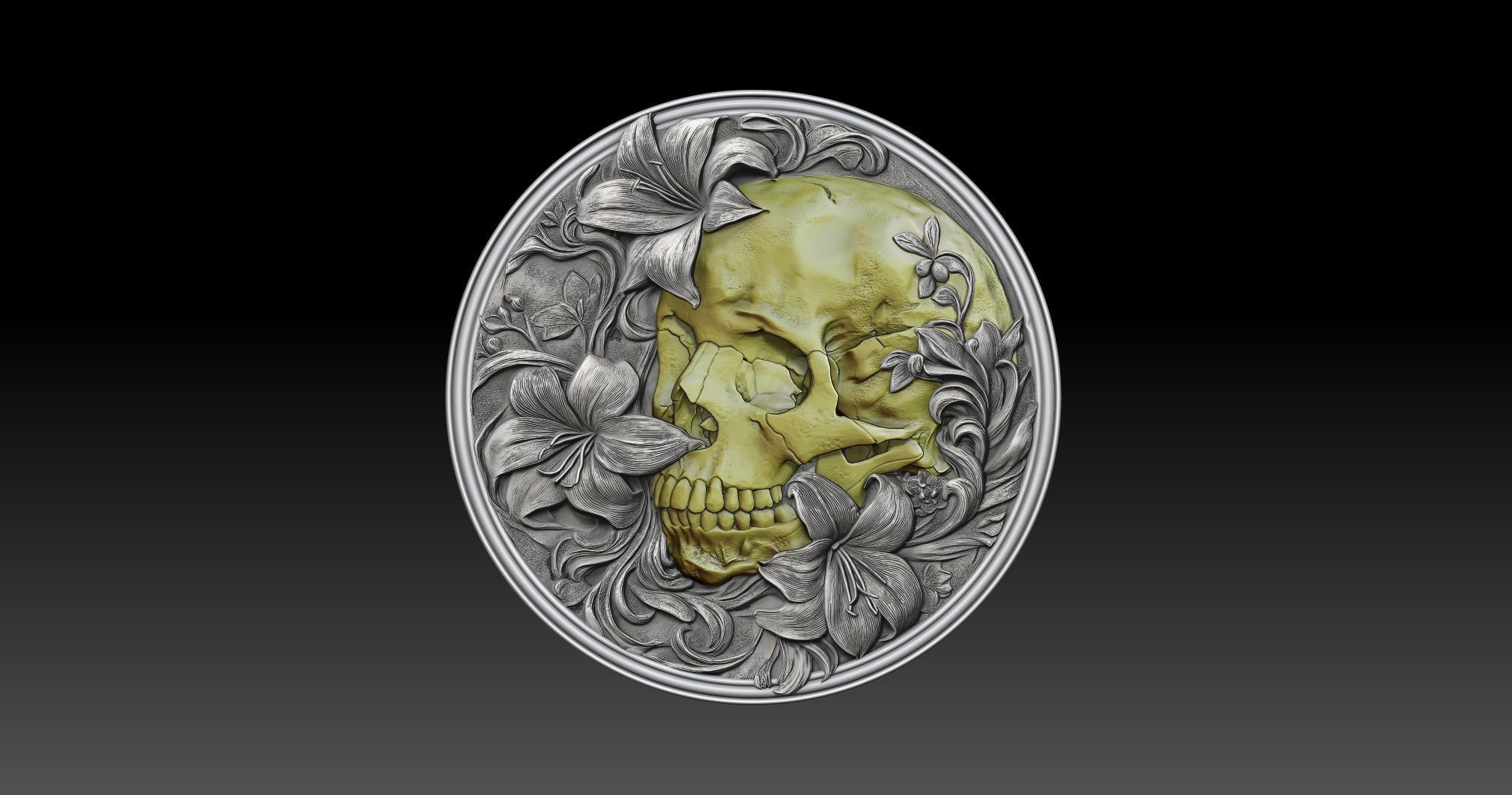 skull in flowers bass relief 3D print model_5