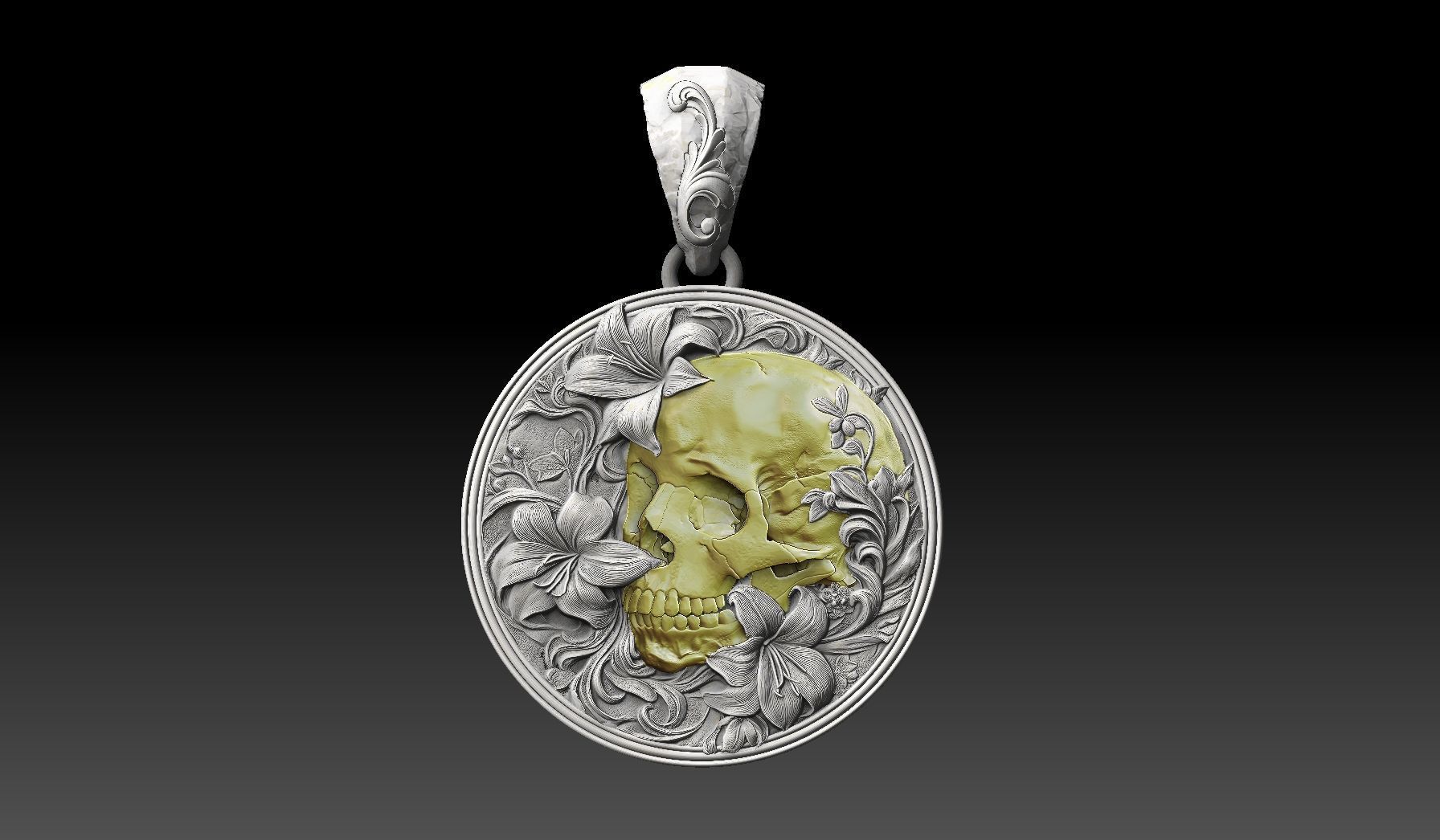 skull in flowers bass relief 3D print model_3