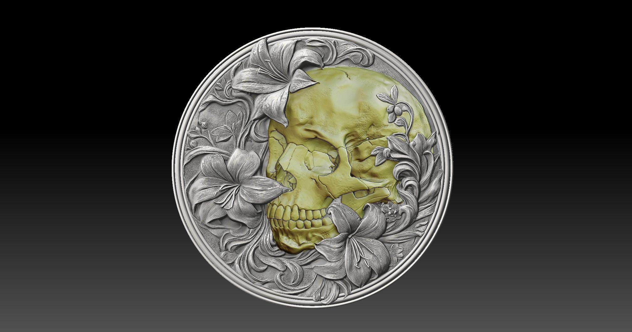 skull in flowers bass relief 3D print model_6