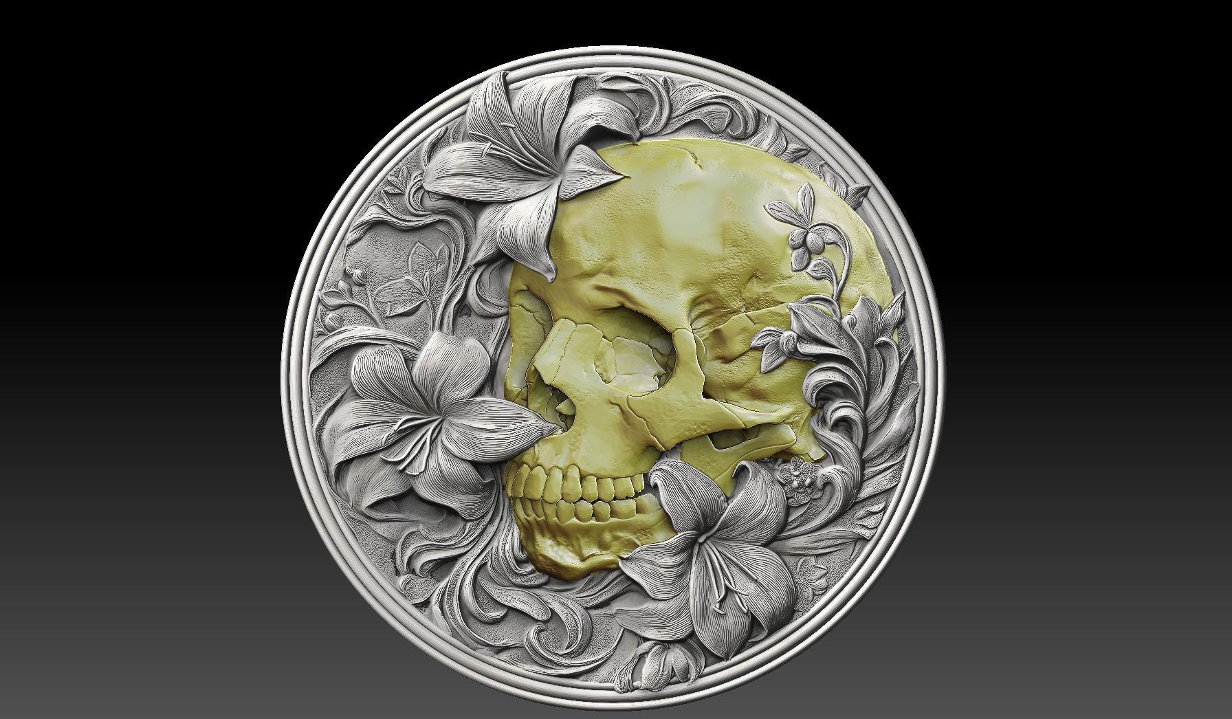 skull in flowers bass relief 3D print model_7