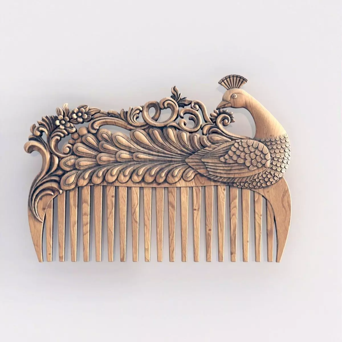 Peacock Elegance Wood-Carved Comb 3D print model