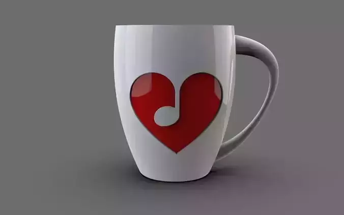 A coffee mug with the symbol of love and music 