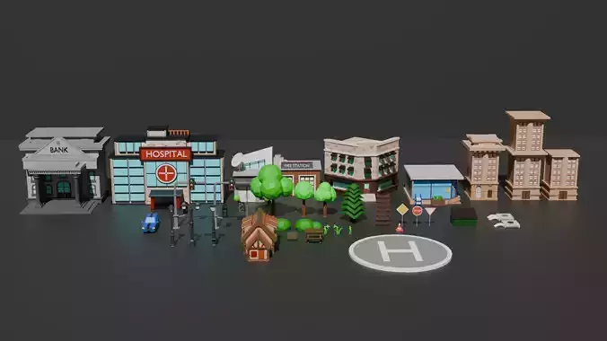 Low Poly City Asset Pack AR VR 3D Model 