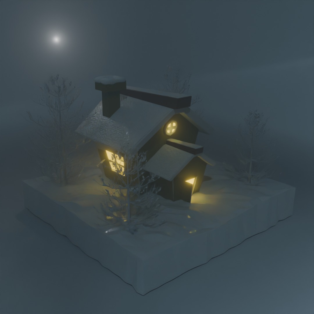 lowpoly isometric 3d House home in winter season snow and fog 3D model_1
