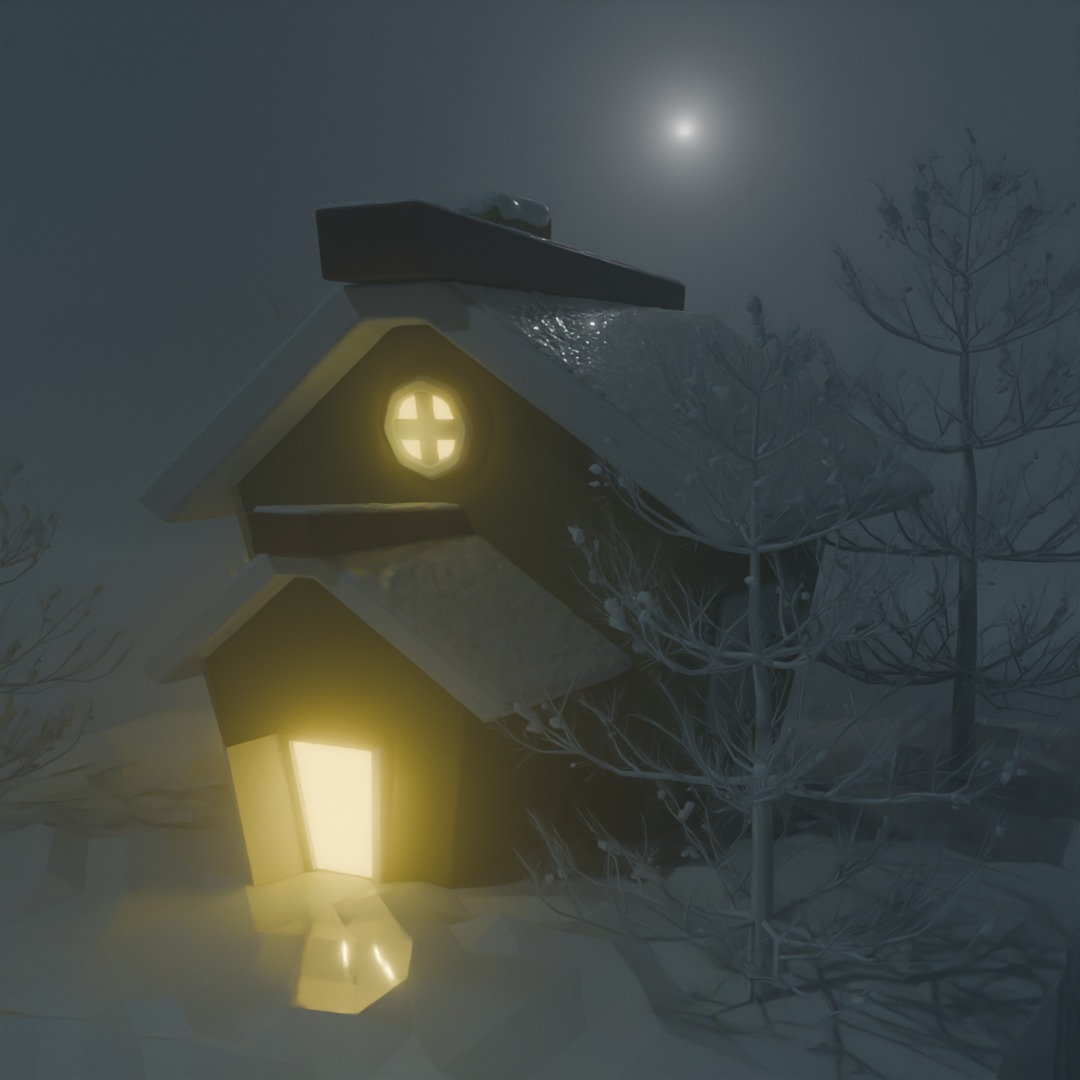 lowpoly isometric 3d House home in winter season snow and fog 3D model_3