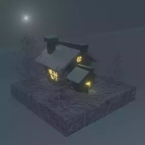 lowpoly isometric 3d House home in winter season snow and fog