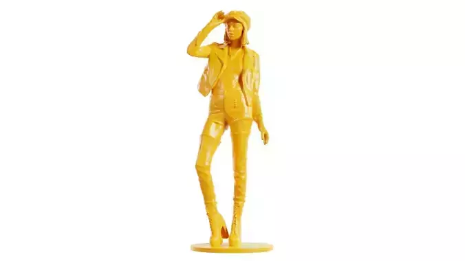 Woman in Leather Jacket High Boots Holding Tip of Hat