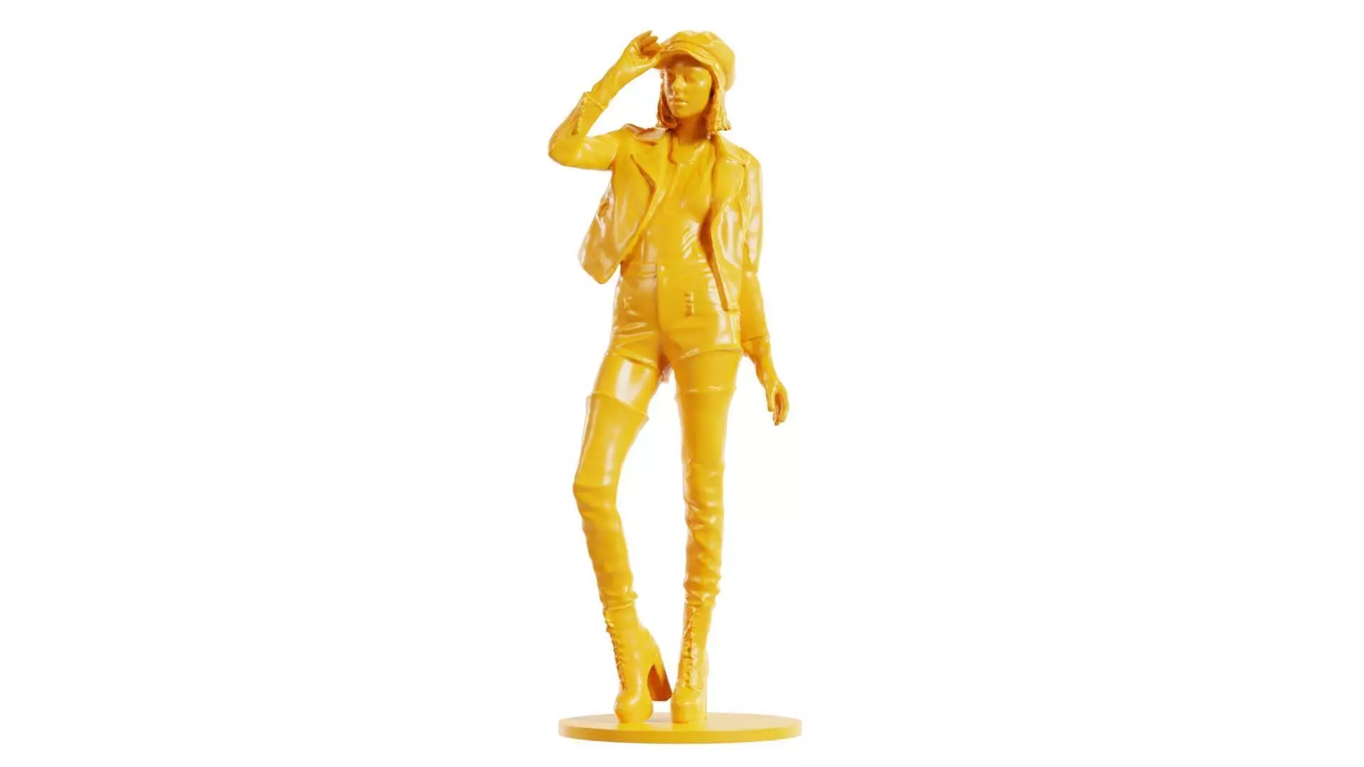 Woman in Leather Jacket High Boots Holding Tip of Hat 3D print model