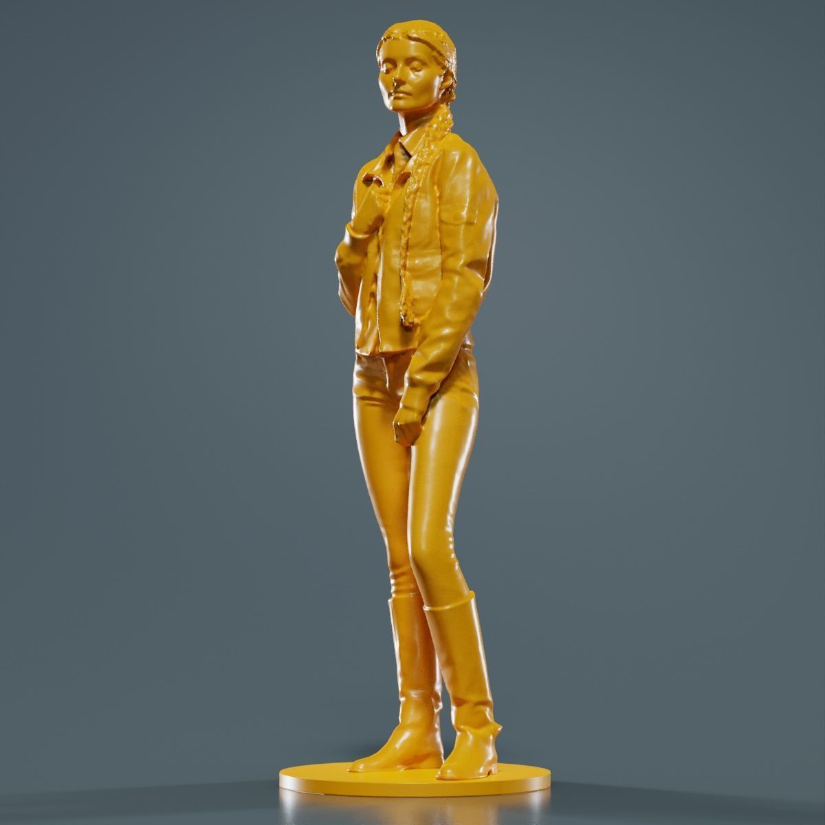 Long Braid Woman in Jacket Jeans and Boots Meditating 3D print model_16