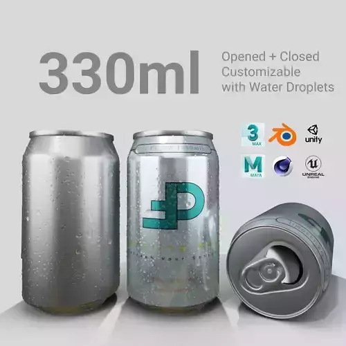 Regular 330ml Beverage Can Open and Closed Tabs with Droplets Low-poly 3D model