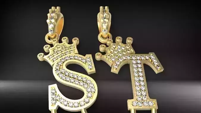 Alphabet Crown Diamond Pendant  S and T