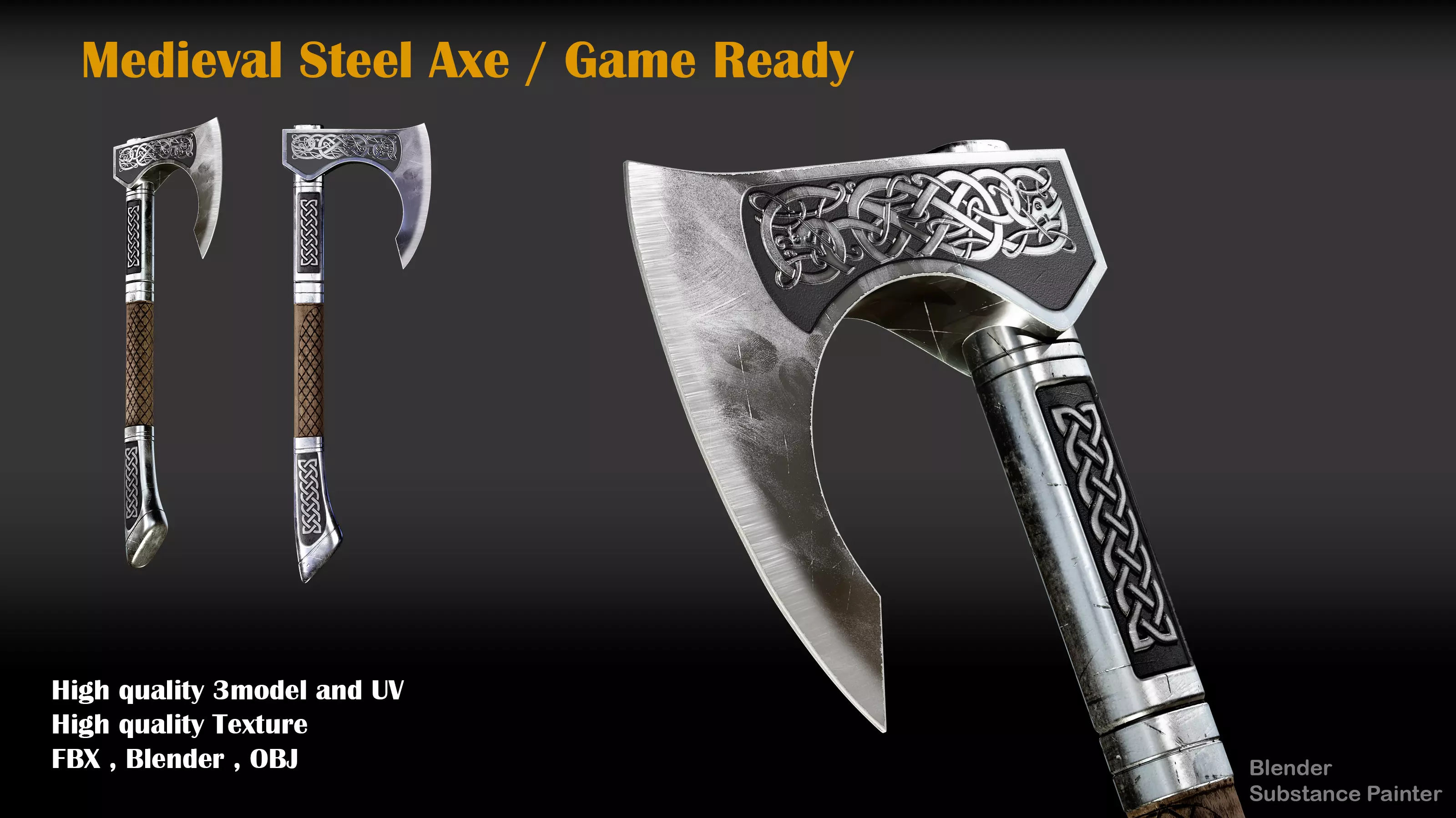 medieval steel Axe Low-poly 3D model_0