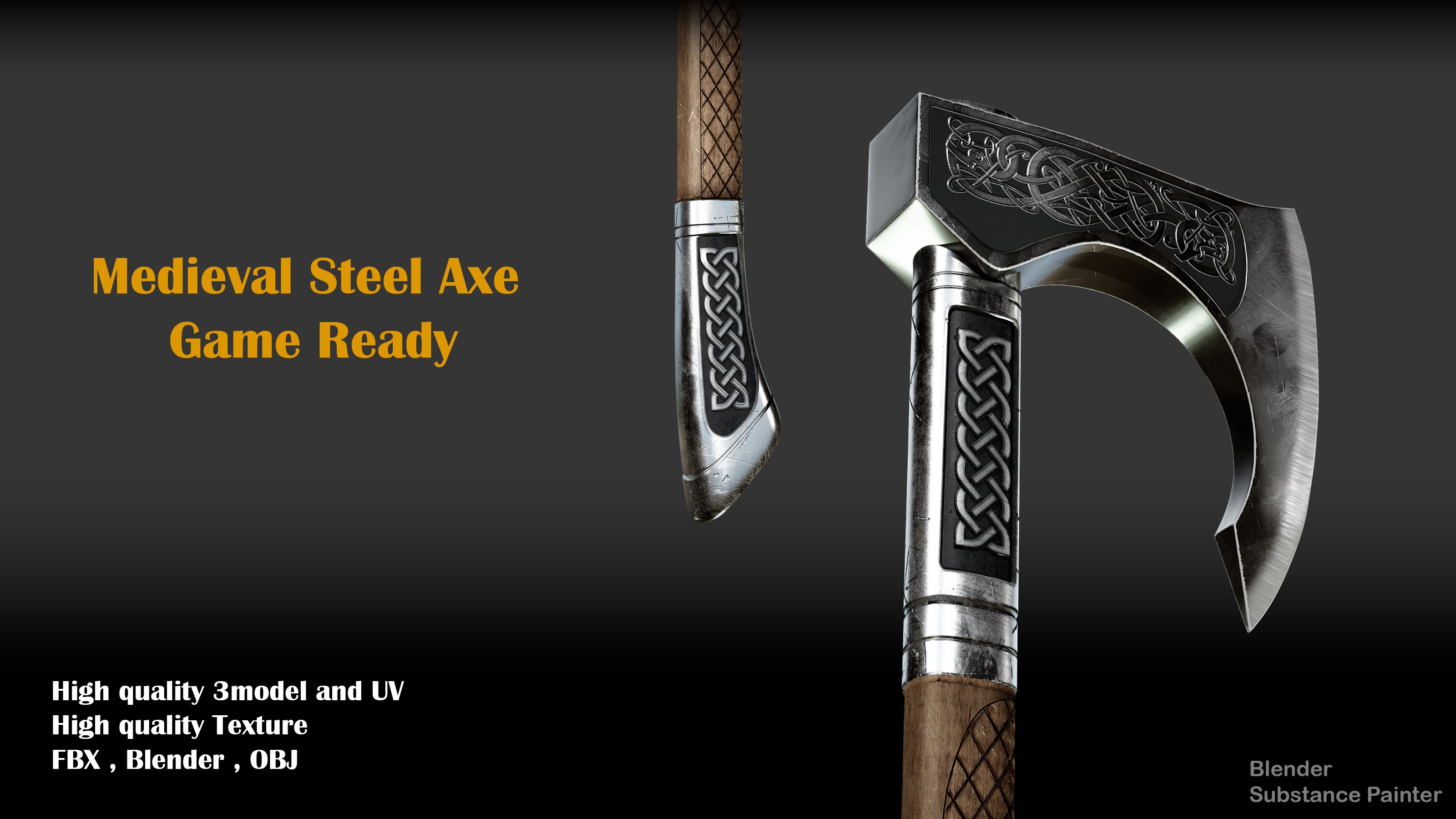 medieval steel Axe Low-poly 3D model_2