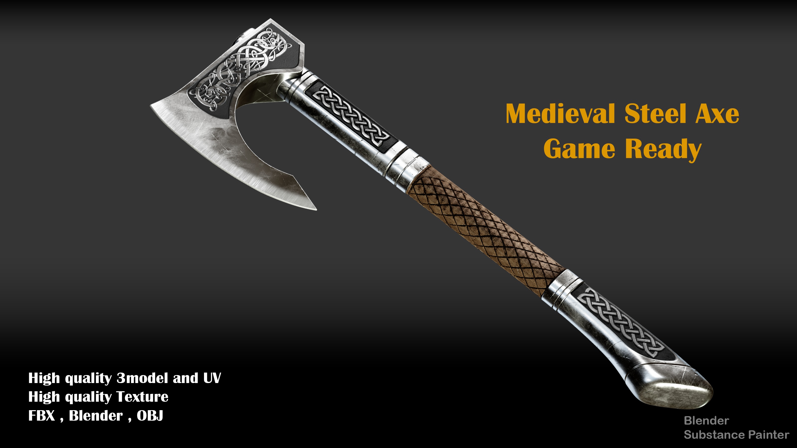 medieval steel Axe Low-poly 3D model_1