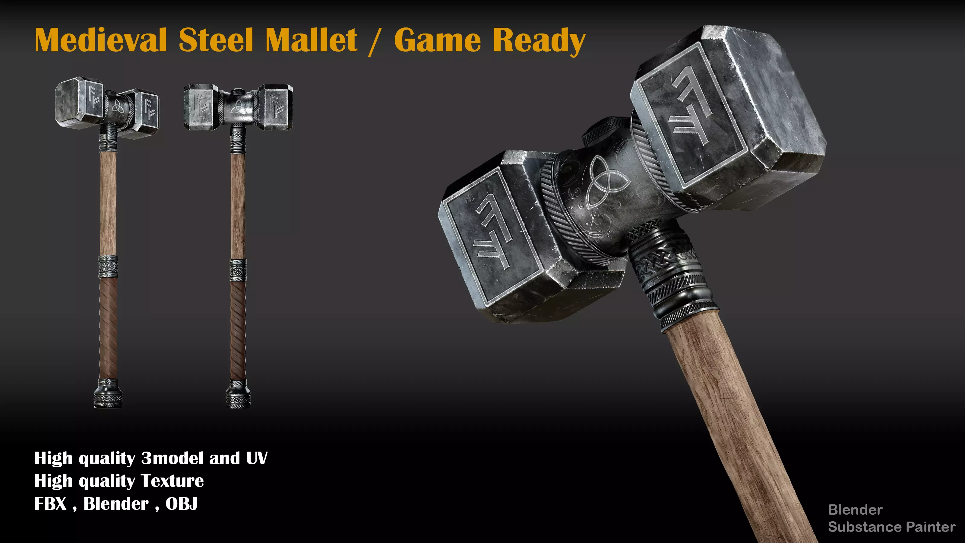 medieval mallet Low-poly 3D model_0