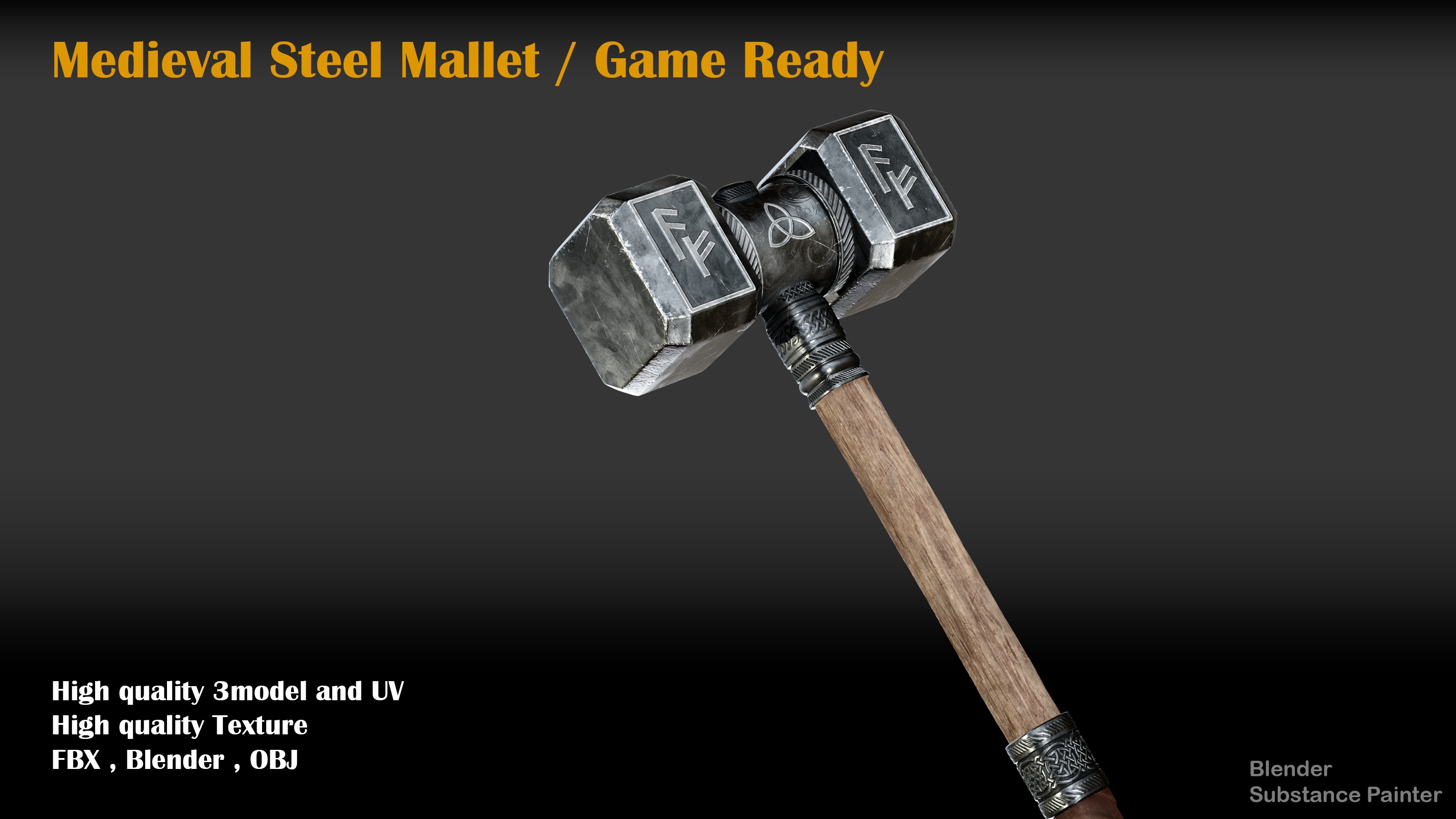 medieval mallet Low-poly 3D model_2