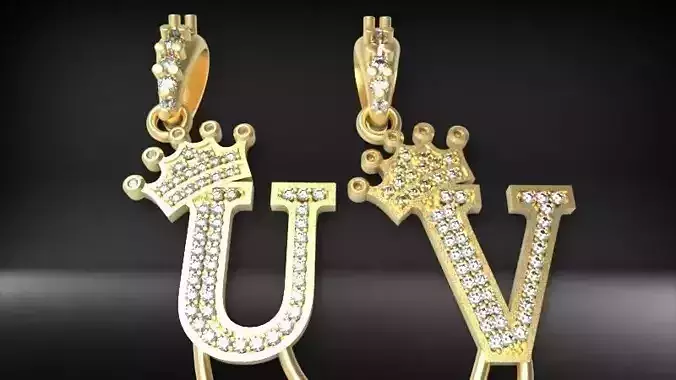 Alphabet Crown Diamond Pendant U and V
