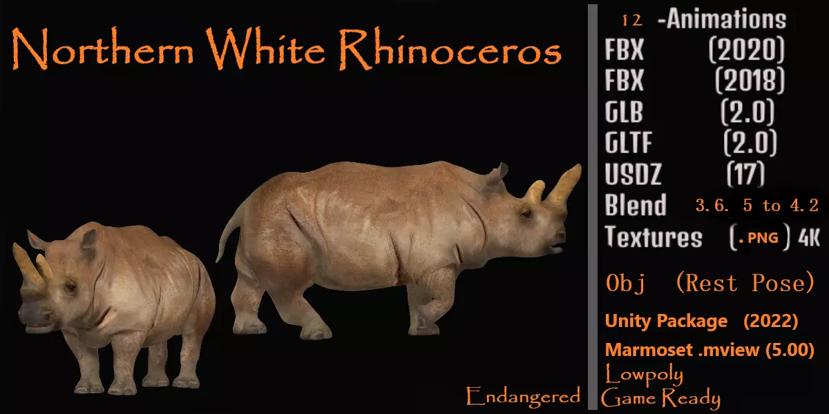 Northern White Rhinoceros Low-poly 3D model