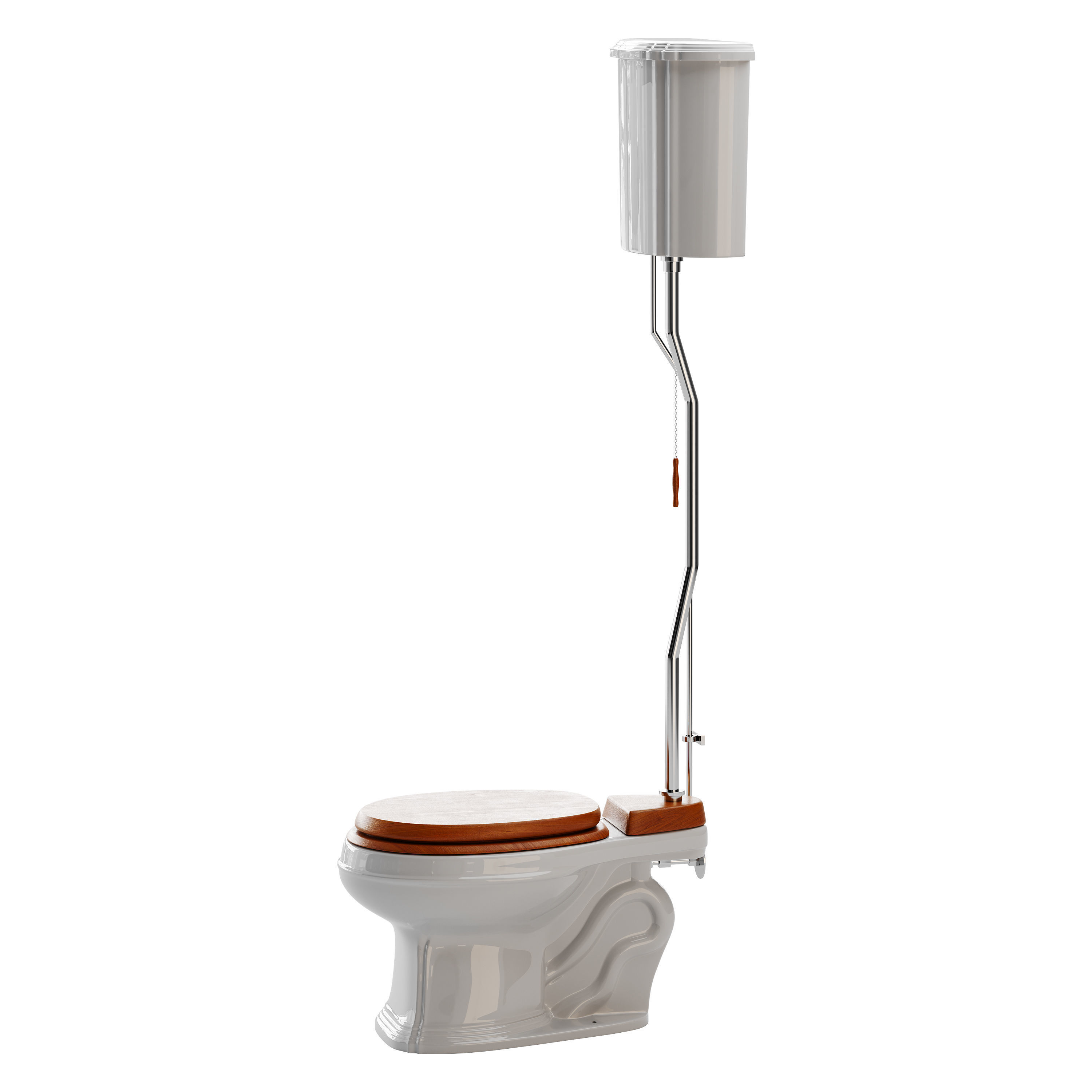 White High Tank Toilet with Round Bowl Chrome Plate Z-Pipe 3D model_6
